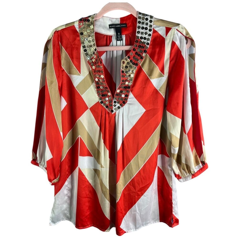 Black Label Chicos red white sequin geometric satin blouse long sleeves cutout 0